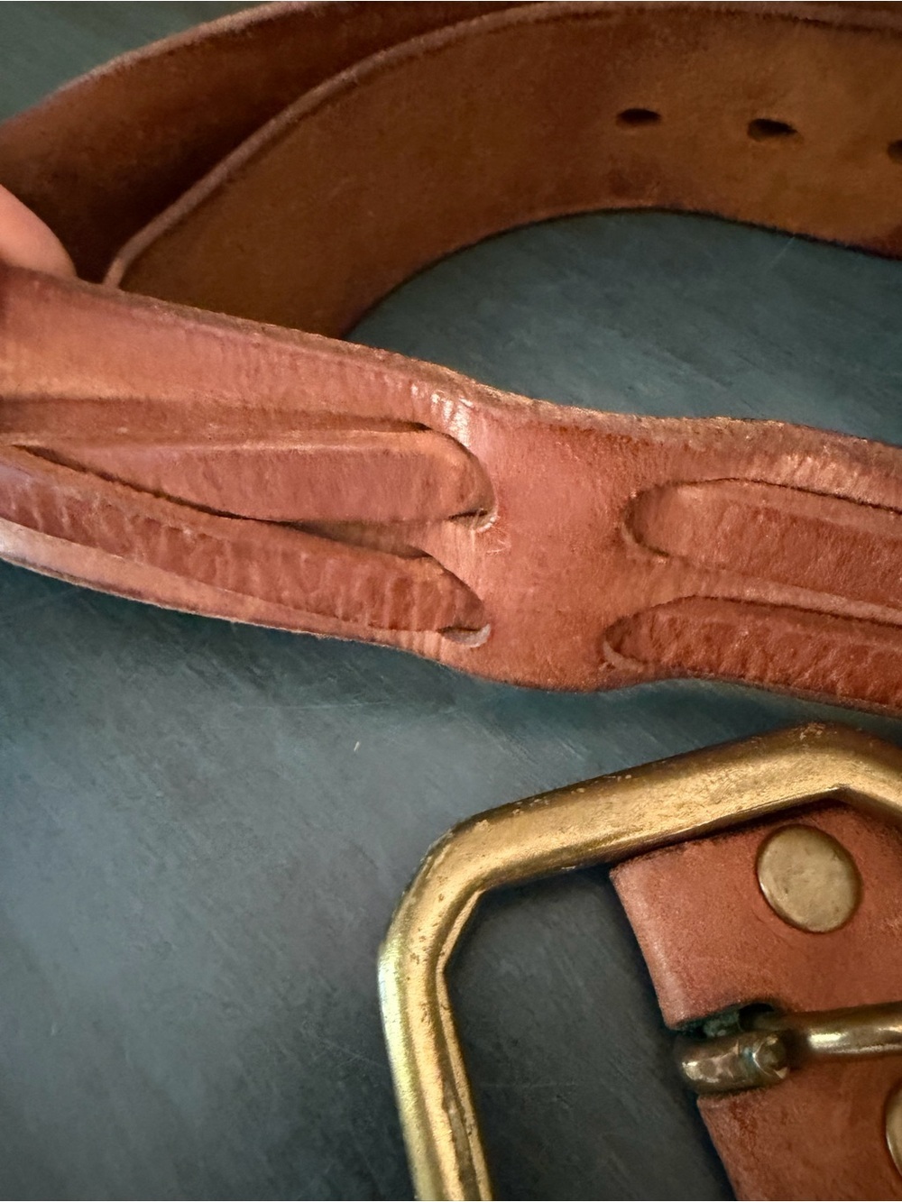 Lucky Brand Tan Leather belt with octagonal brass buckle and beaded design. - Picture 3 of 5